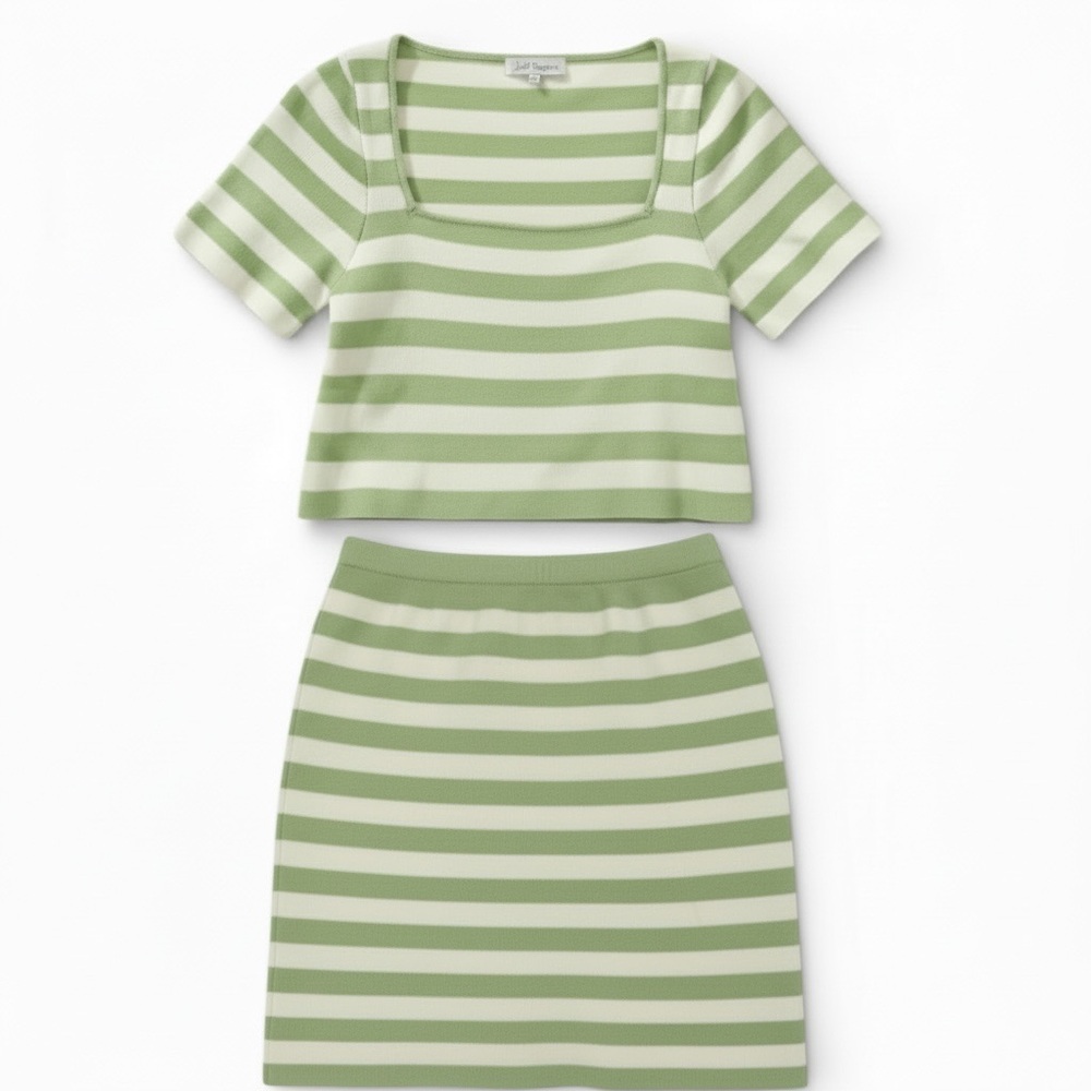 Lilou Green White Cabana Stripe Knit Crop Top & Mini Skirt Set Travel Ready Jr L